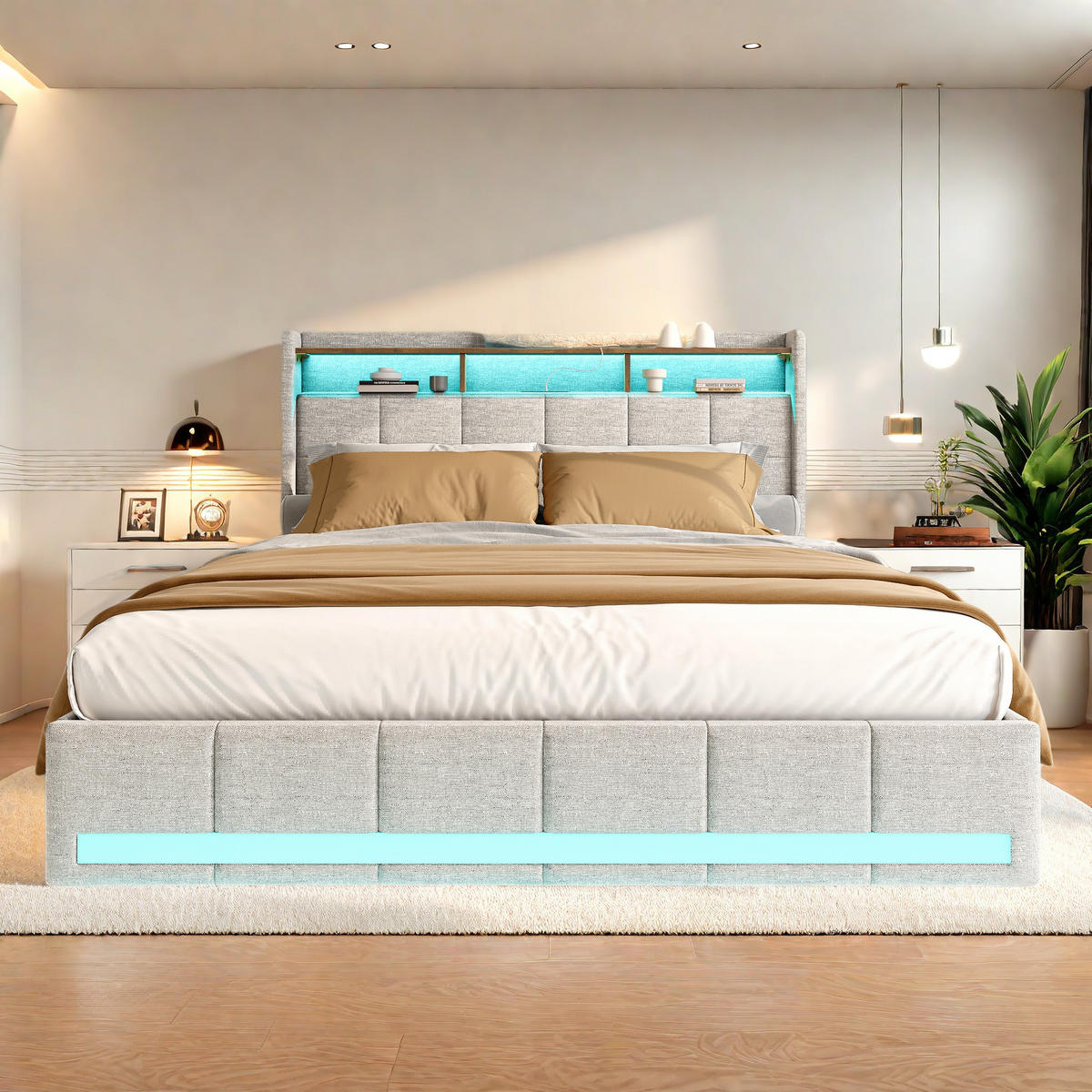 ČALÚNENÁ posteľ 140x200 cm béžová ľanová LED USB 4 zásuvky - béžová, kov - SHOPENTRA