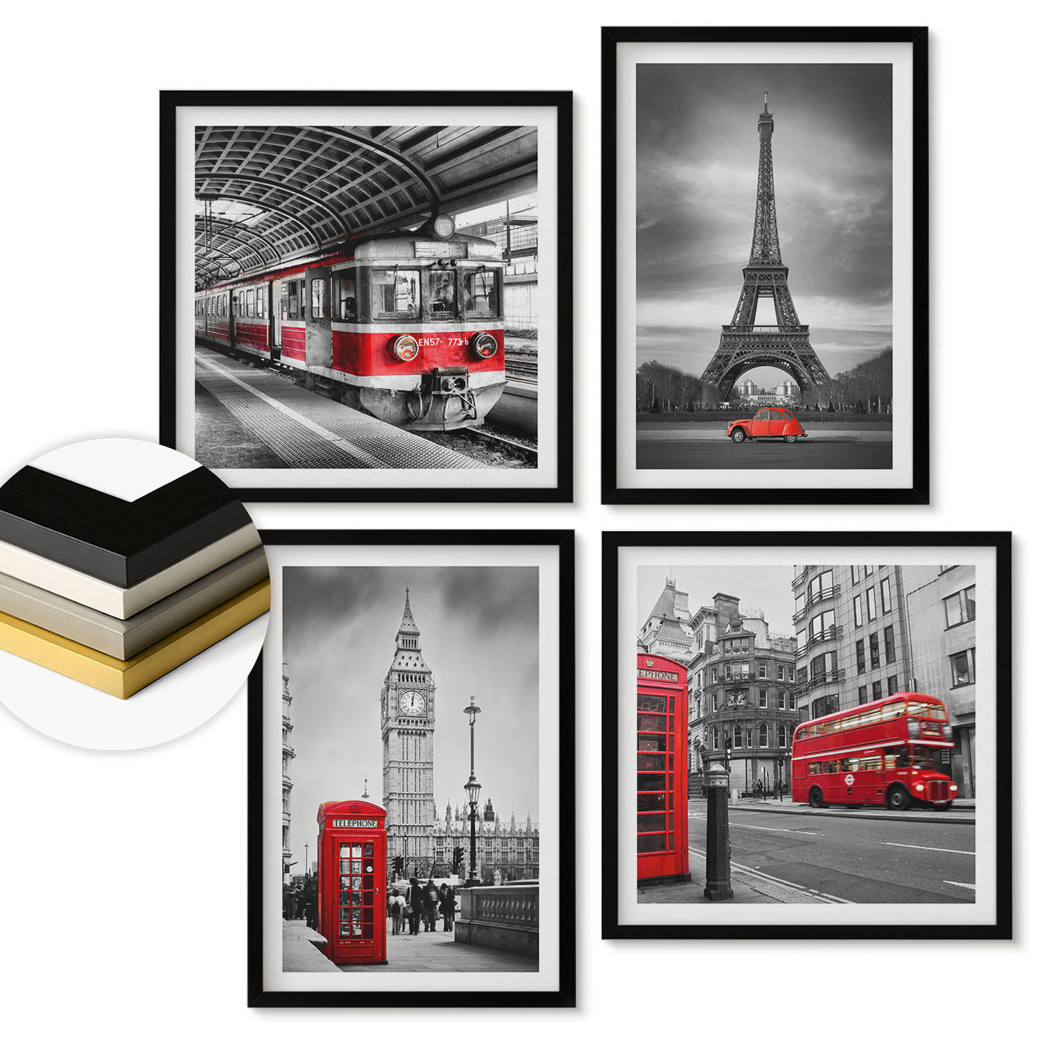 WANDBILDER 4er-Set - 50x50 cm & 40x60 cm Schwarzer Rahmen - Rote Busse in der Stadt - Schwarz, Kunststoff (50/50cm) - ArtPrintCave