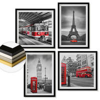 WANDBILDER 4er-Set - 50x50 cm & 40x60 cm Schwarzer Rahmen - Rote Busse in der Stadt - Schwarz, Kunststoff (50/50cm) - ArtPrintCave