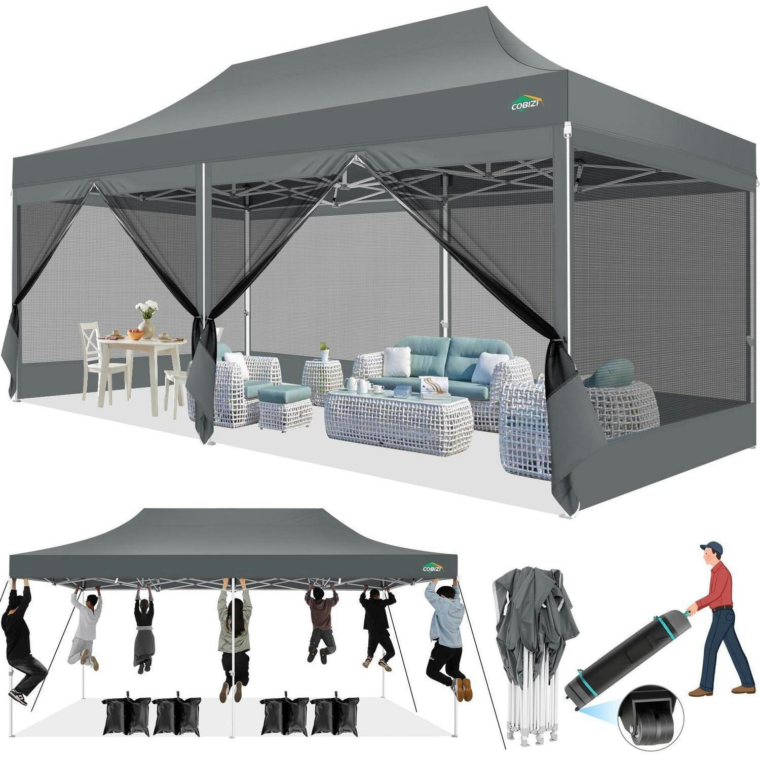 FALTPAVILLON 3x6m grau mit 6 Mesh-Seitenwänden - Grau, Textil (300/336/600cm)