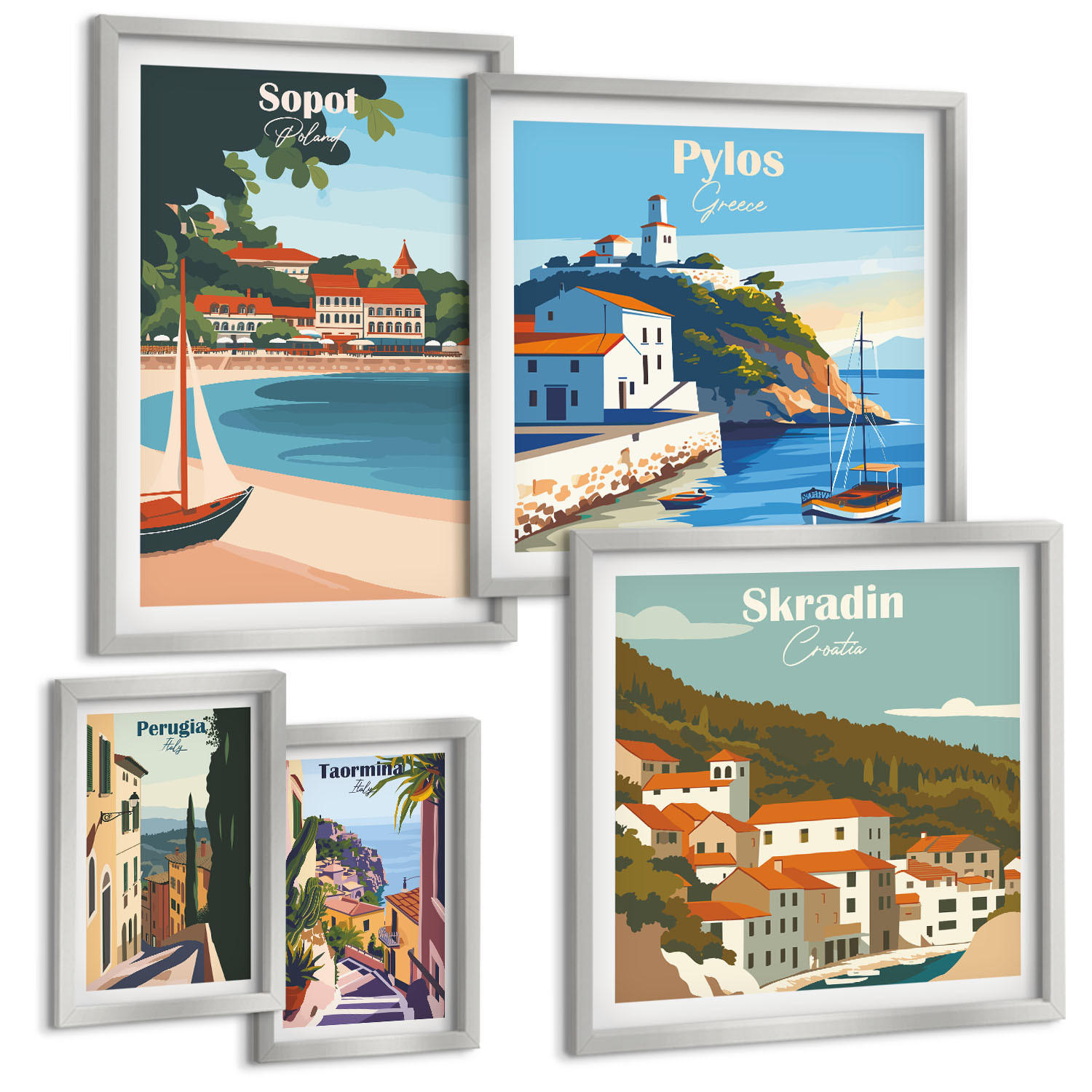 BILDER SET 5er Set - 50x50 cm & 20x30 cm & 40x60 cm Silberner Rahmen - Retro-Landschaften im malerischen Stil - Silberfarben, Kunststoff (40/60cm) - TULUP