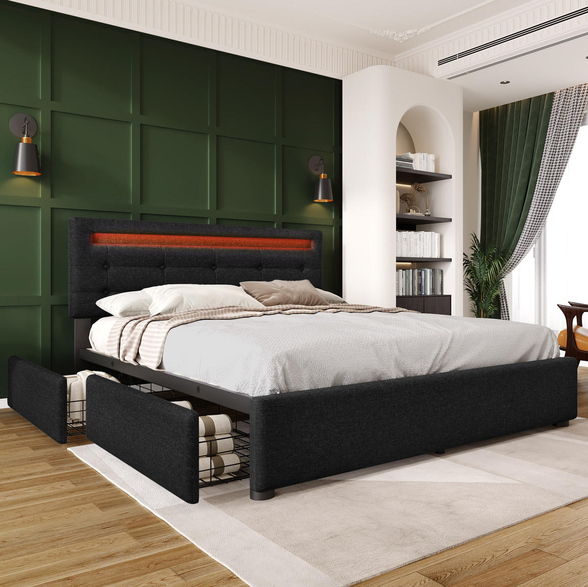 BETT mit LED und 4 Schubladen 140x200 cm Leinen Schwarz - Schwarz, Metall (140/200cm) - Meubliv
