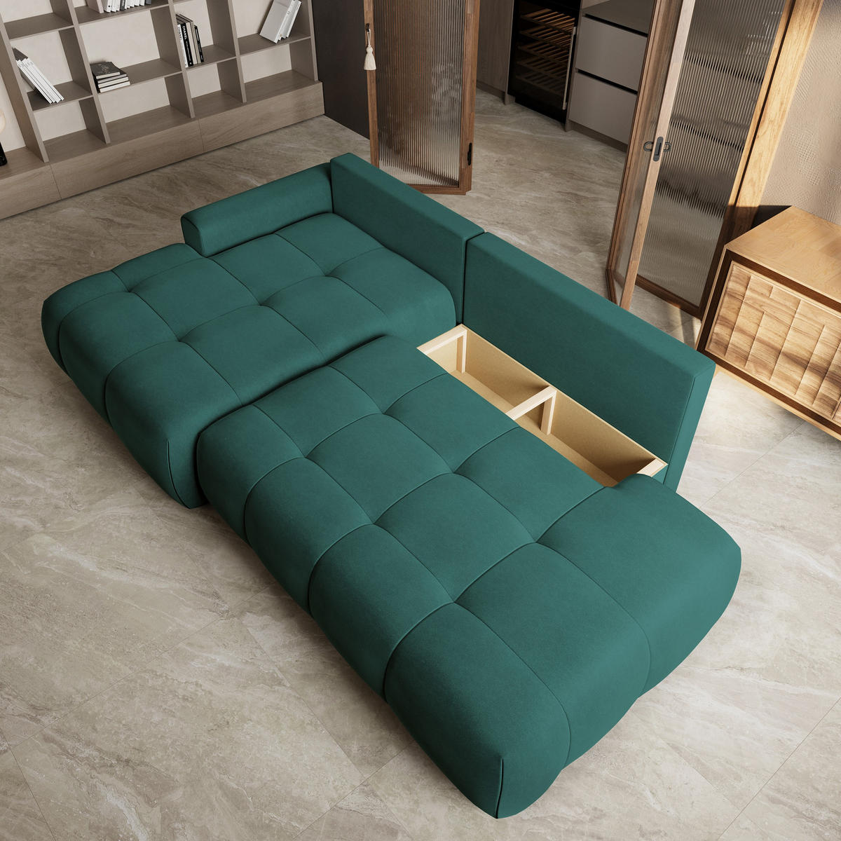 ECKSOFA FLUMA CL L-S Blau Samtstoff mit Schlaffunktion - Blau, Holzwerkstoff/Textil (279/158cm) - MASSENO