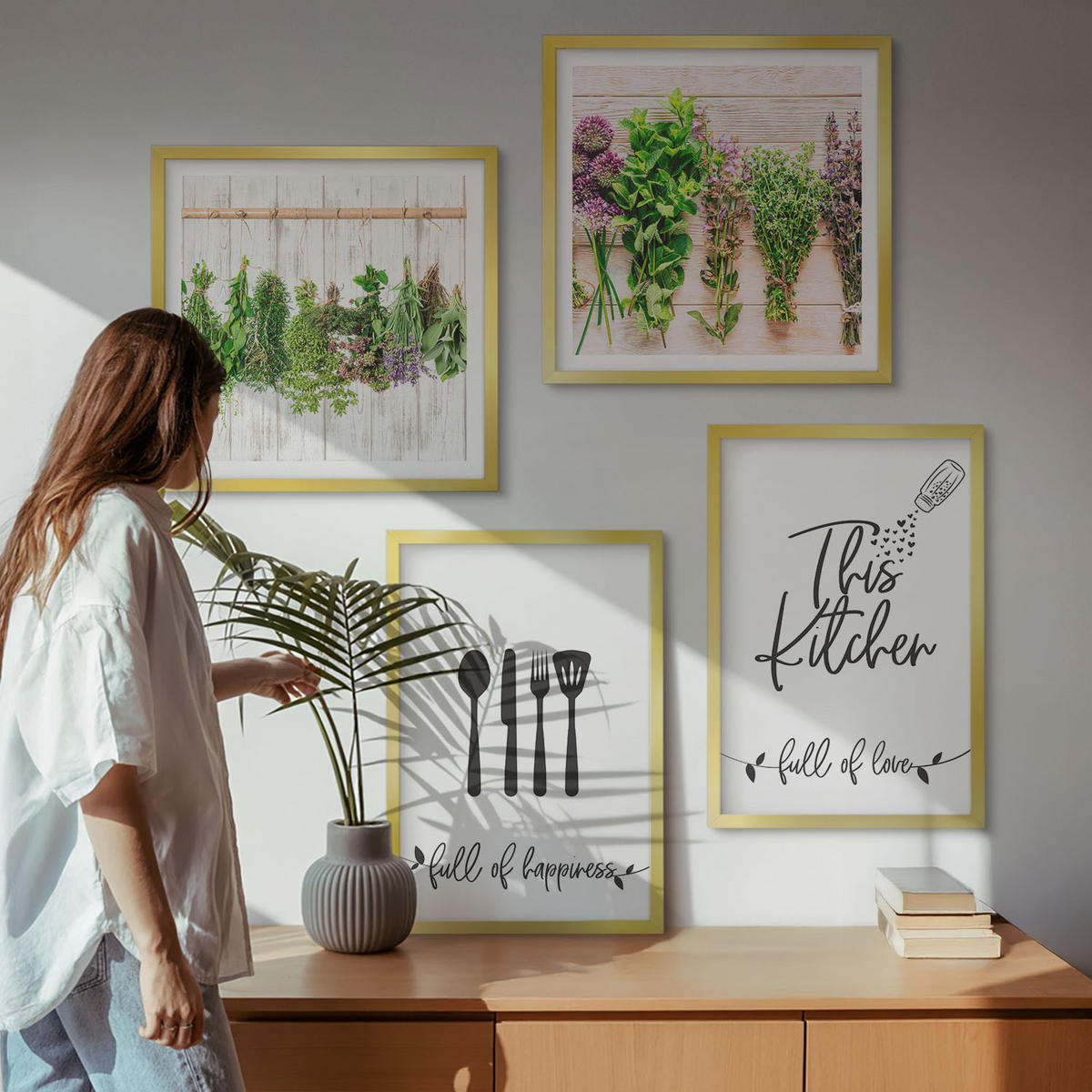 WANDBILDER 4er Set - 50x50 cm & 40x60 cm Goldrahmen - Küchenkräuterpflanzen Beschriftungen - Goldfarben, Kunststoff (50/50cm) - ArtPrintCave