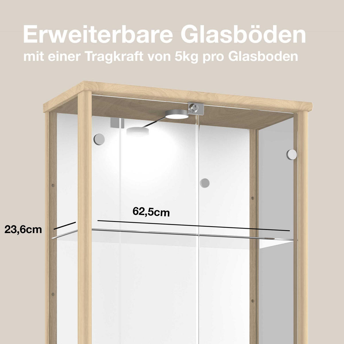 GLASVITRINE 33/67/176 cm mit Spiegel, LED, Schloss & 4 höhenverstellbaren Glasböden - Transparent/Silberfarben, Glas/Holzwerkstoff (67/176/33cm) - K-Möbel