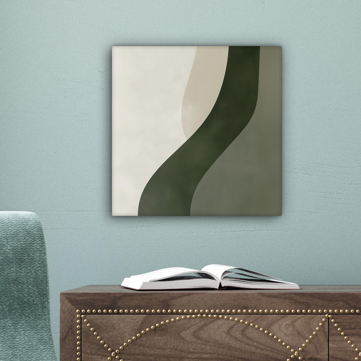 LEINWANDBILD Japandi - Grün - Abstrakt - Modern Deko Wohnzimmer 20x20 cm - Olivgrün, Textil (20/20cm) - MuchoWow