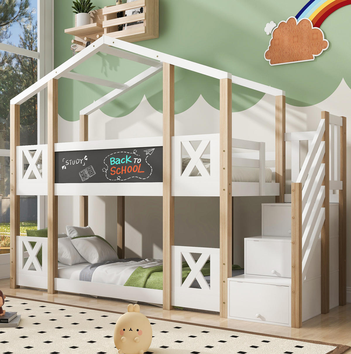 ETAGENBETT mit Treppe und Stauraum 90x200 cm Weiß/Natur - Weiß, Holzwerkstoff (90/200cm) - Beauniv