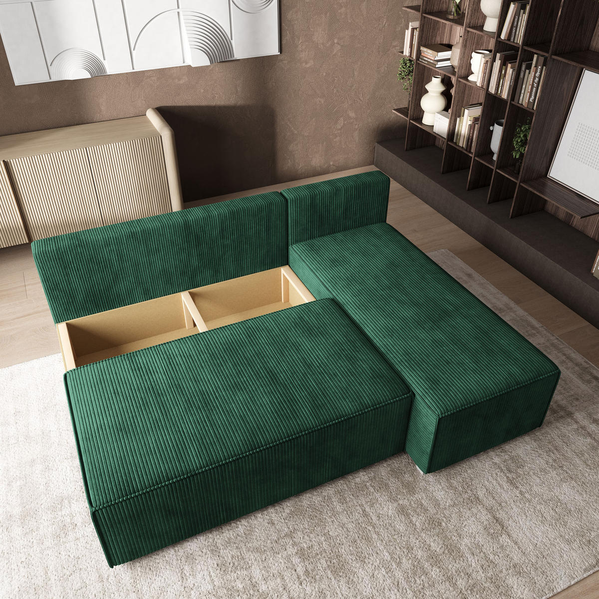 ROHOVÁ SEDAČKA BRISO tmavě zelená - šedá/tmavě zelená, dřevo/textil (200/140cm) - MASSENO