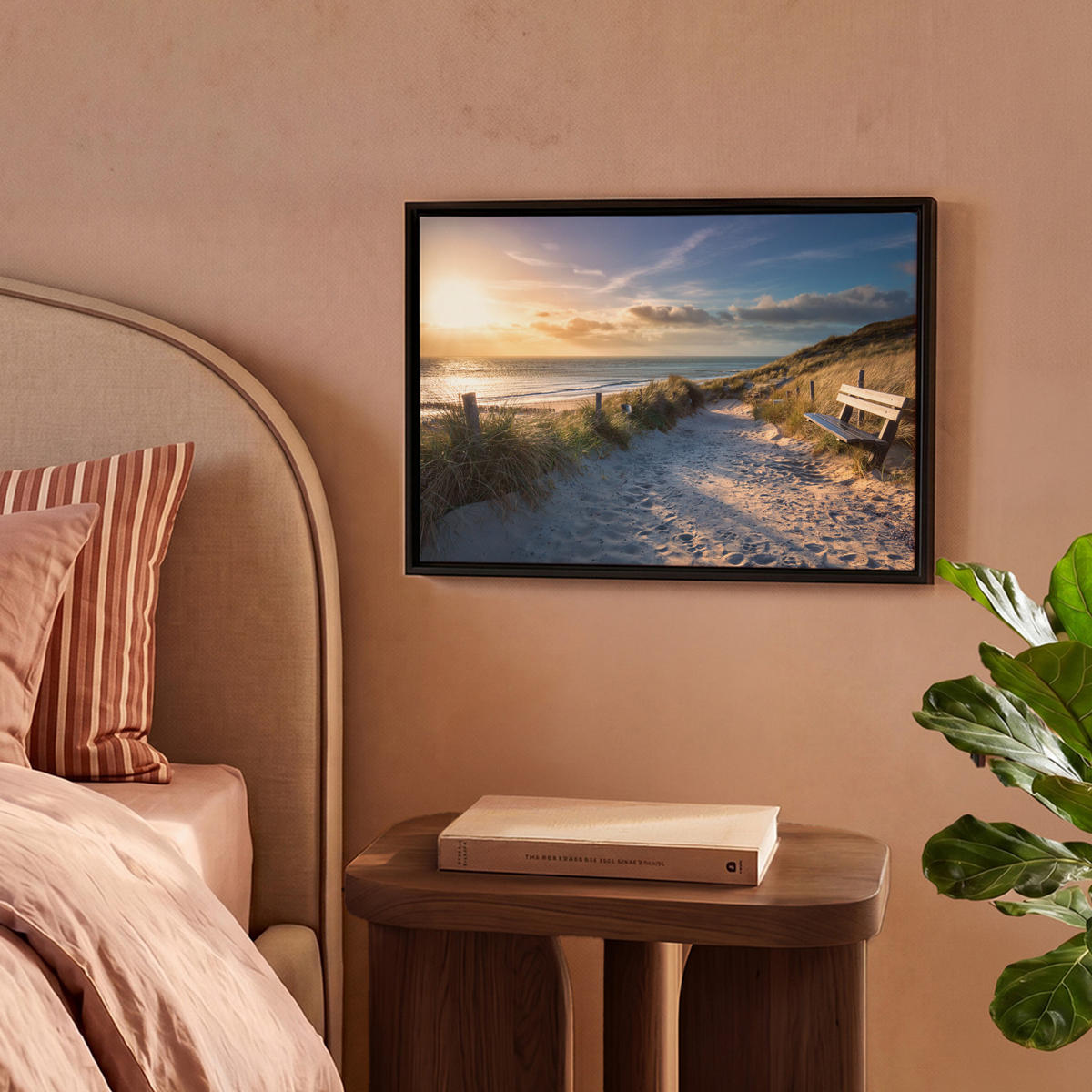 LEINWAND Bilder mit Rahmen - Sonnenuntergang - Strand - Düne - Gras - Ufer - 40x30 - Sandfarben, Textil (40/30cm) - MuchoWow