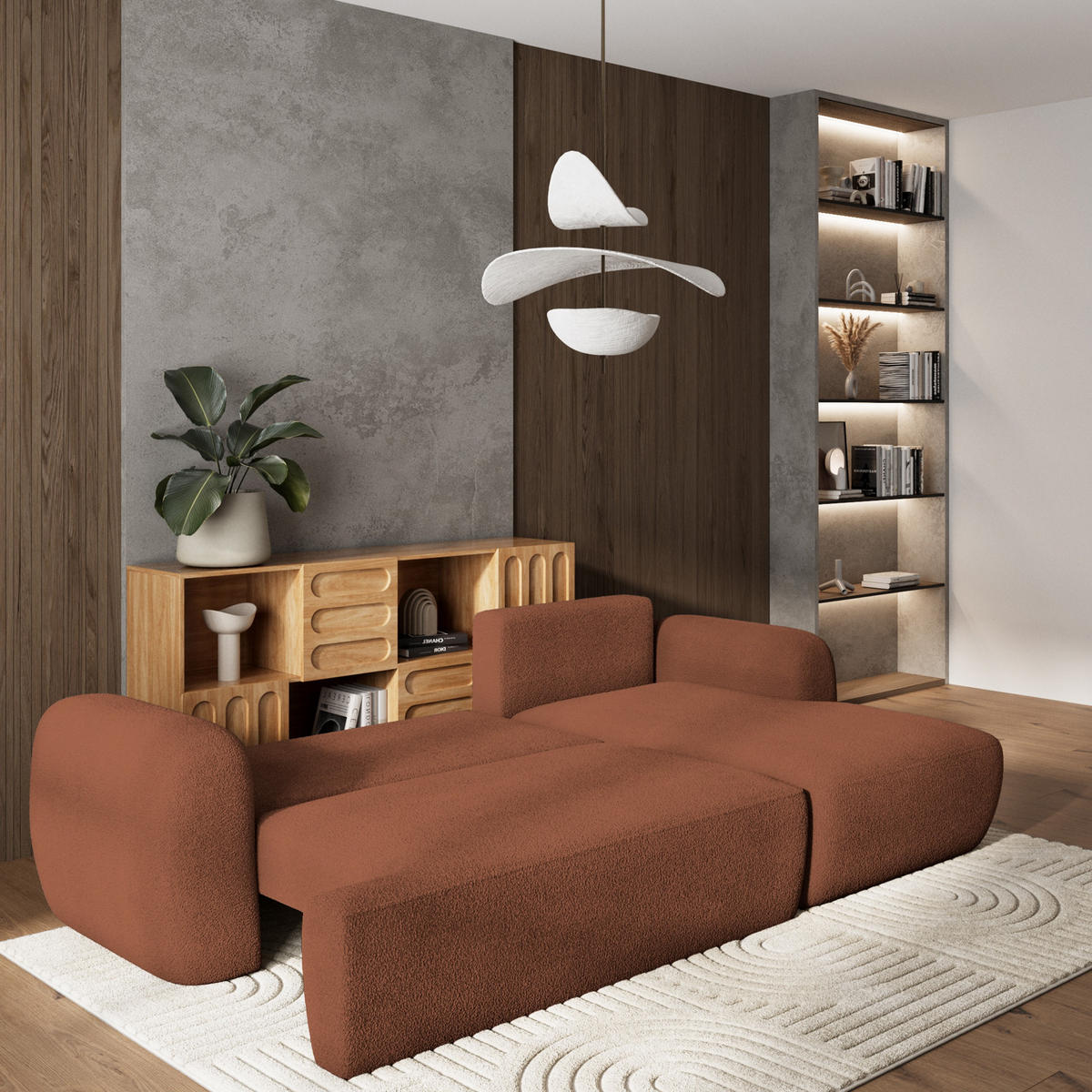 ECKSOFA MODENZA N R-S Orange Boucle-Stoff mit Schlaffunktion - Orange, Holz (266/148cm) - MASSENO