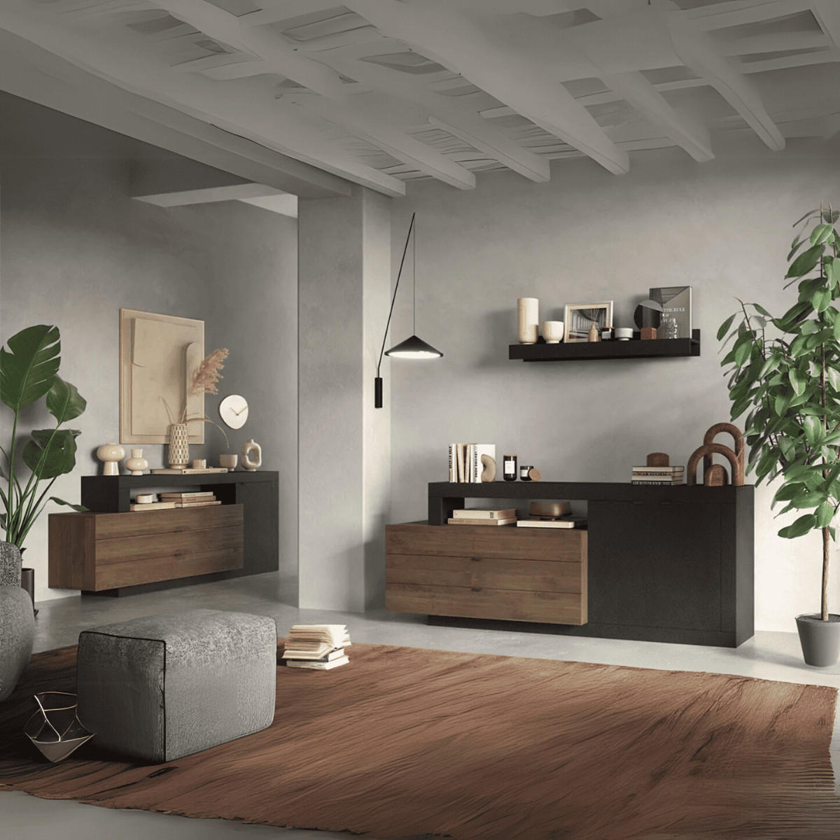 BUFFET 2 Türen und 3 Schubladen L200 cm - JOURNEY - Schwarz, Holzwerkstoff (42/82/200cm) - Calicosy