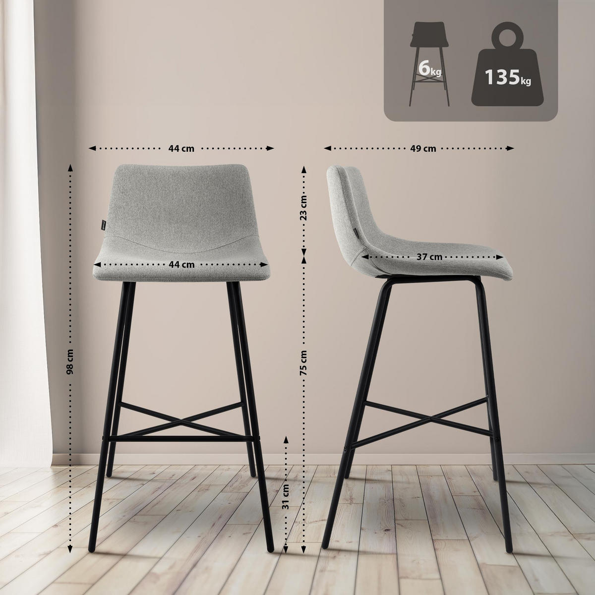 BARHOCKER Stoff Grau - Schwarz/Grau, Textil/Metall (44/98/49cm) - CLP