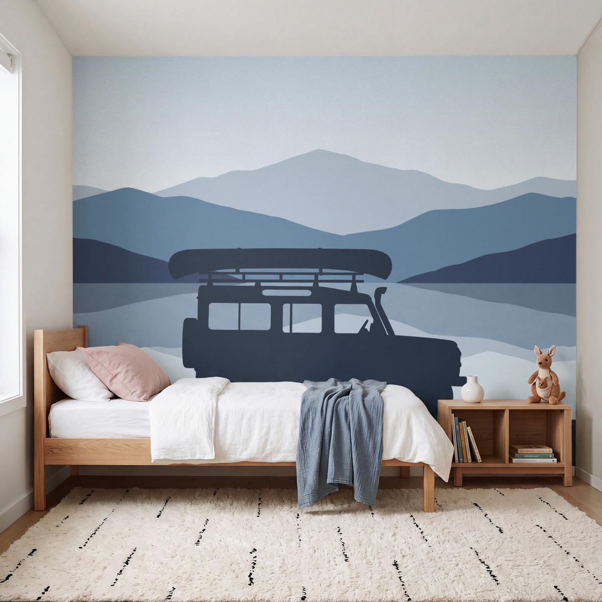KINDERTAPETE - Auto - See - Berge - Blau - 300x260 cm - Blaugrau, Papier (300/260cm) - OnlyWow
