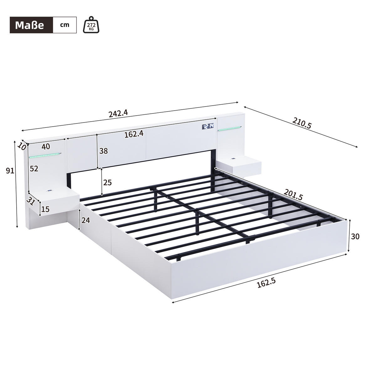 DOPPELBETT 160x200cm mit USB-Anschluss, elektronischer Uhr, Bluetooth-Lautsprecher, Farblichtleiste, weiß - Weiß, Metall (160/200cm) - KOMHTOM