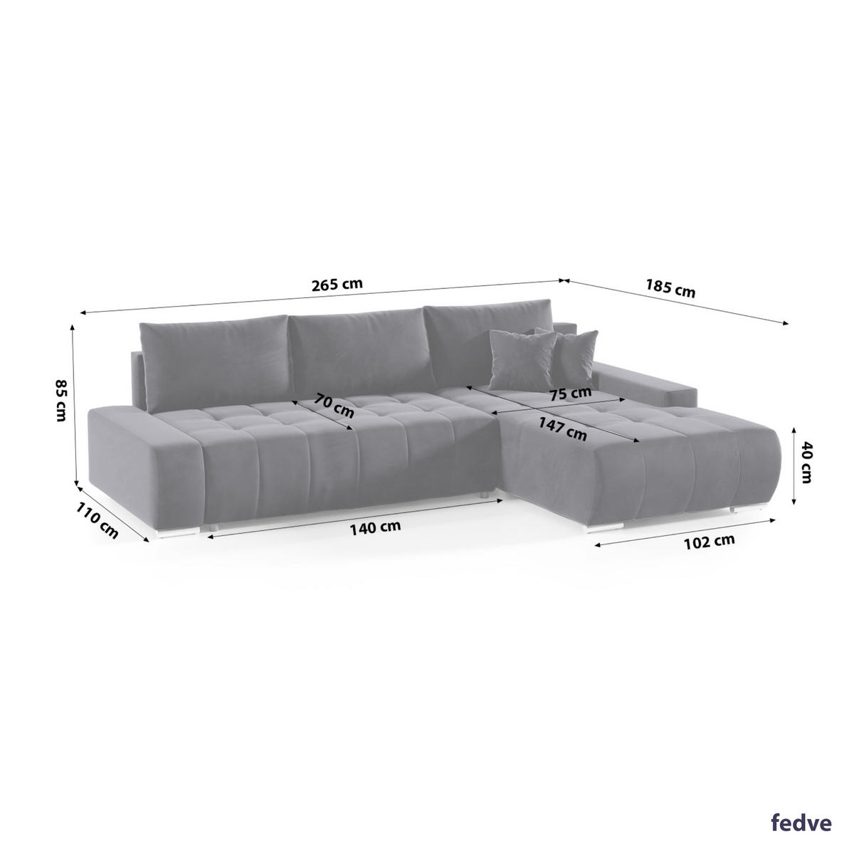 ECKSOFA mit Schlaffunktion Dhaka L Dunkelgrau - Graphitfarben, Textil (185/265cm) - Fedve