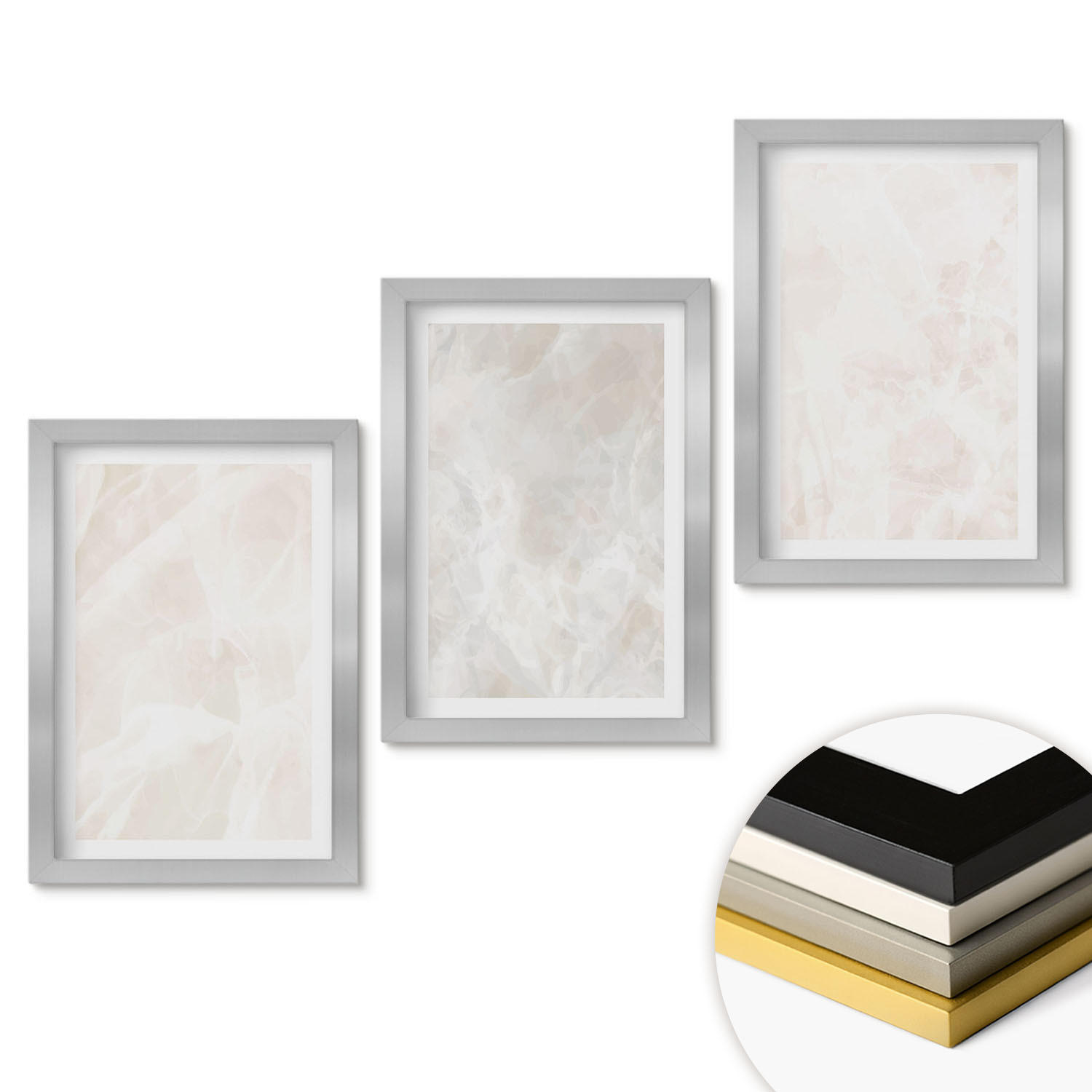 WANDBILDER 3er Set - 20x30 cm Silberner Rahmen - Die Struktur von elegantem Marmor - Silberfarben, Kunststoff (20/30cm) - ArtPrintCave