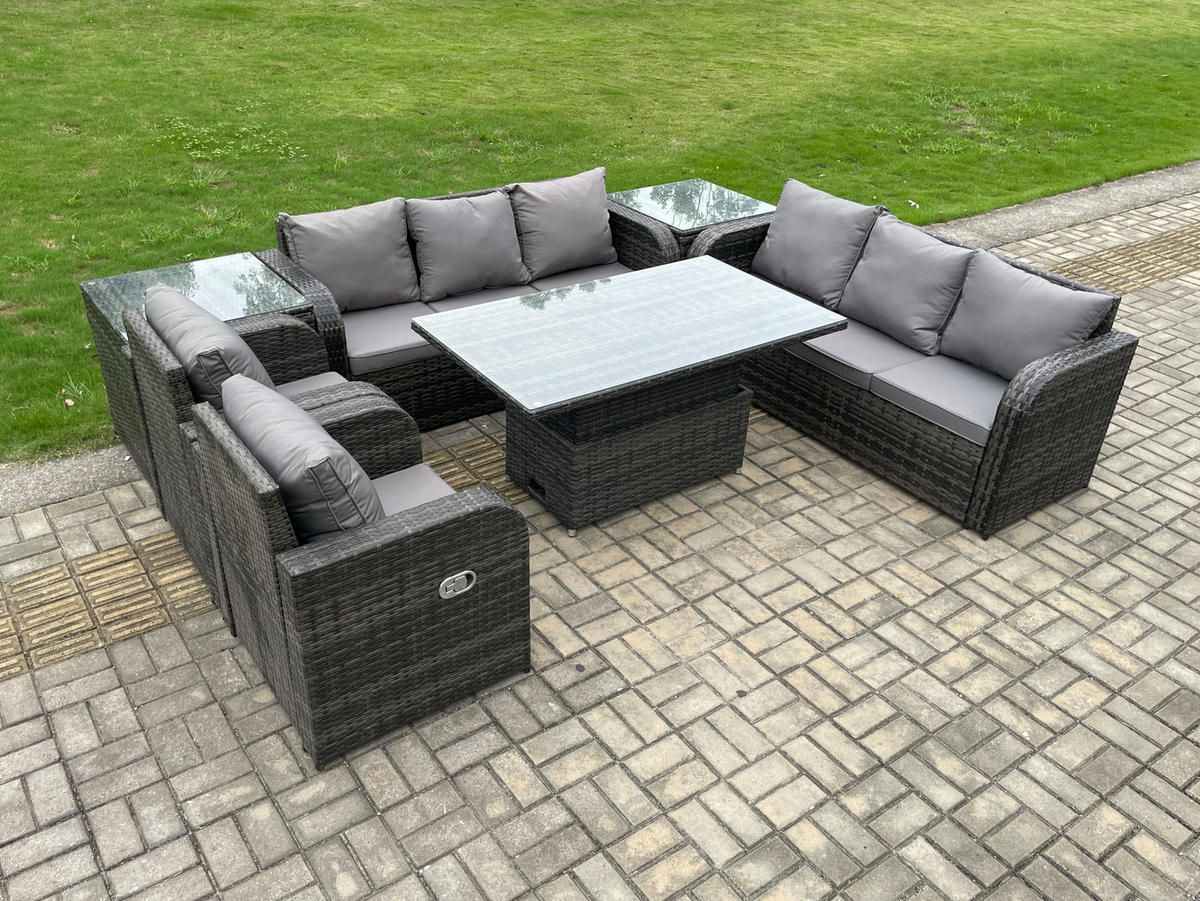 GARTENSOFA SET Polyrattan 8-Sitzer - Dunkelgrau/Grau, Glas/Kunststoff - Fimous