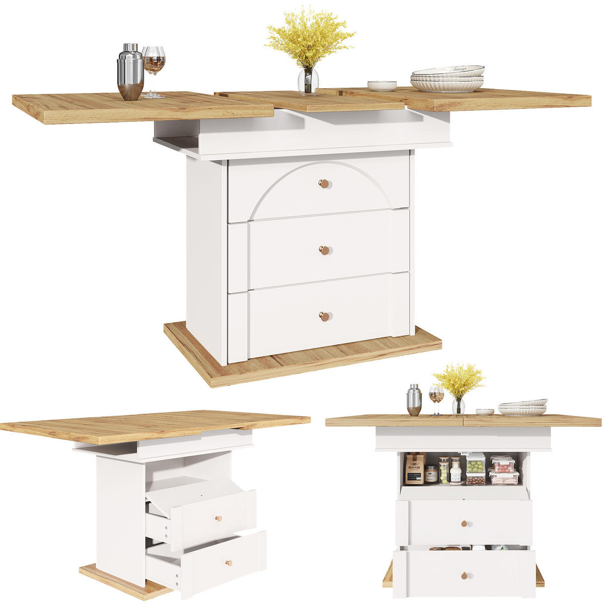 ESSTISCH Ausziehbarer aus MDF mit Stauraum, 110-140/80/75 cm, Weiß/Natur - Weiß, Holzwerkstoff (110/80/75cm) - Redom