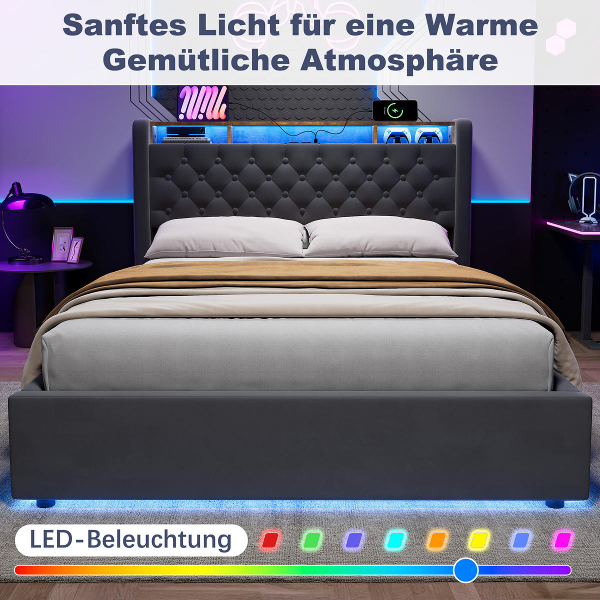 POLSTERBETT 140/190 cm in Dunkelgrau Samt mit Bettkasten, LED-Beleuchtung und USB-Anschluss - Dunkelgrau, Holzwerkstoff/Textil (140/190cm) - CHICFURN