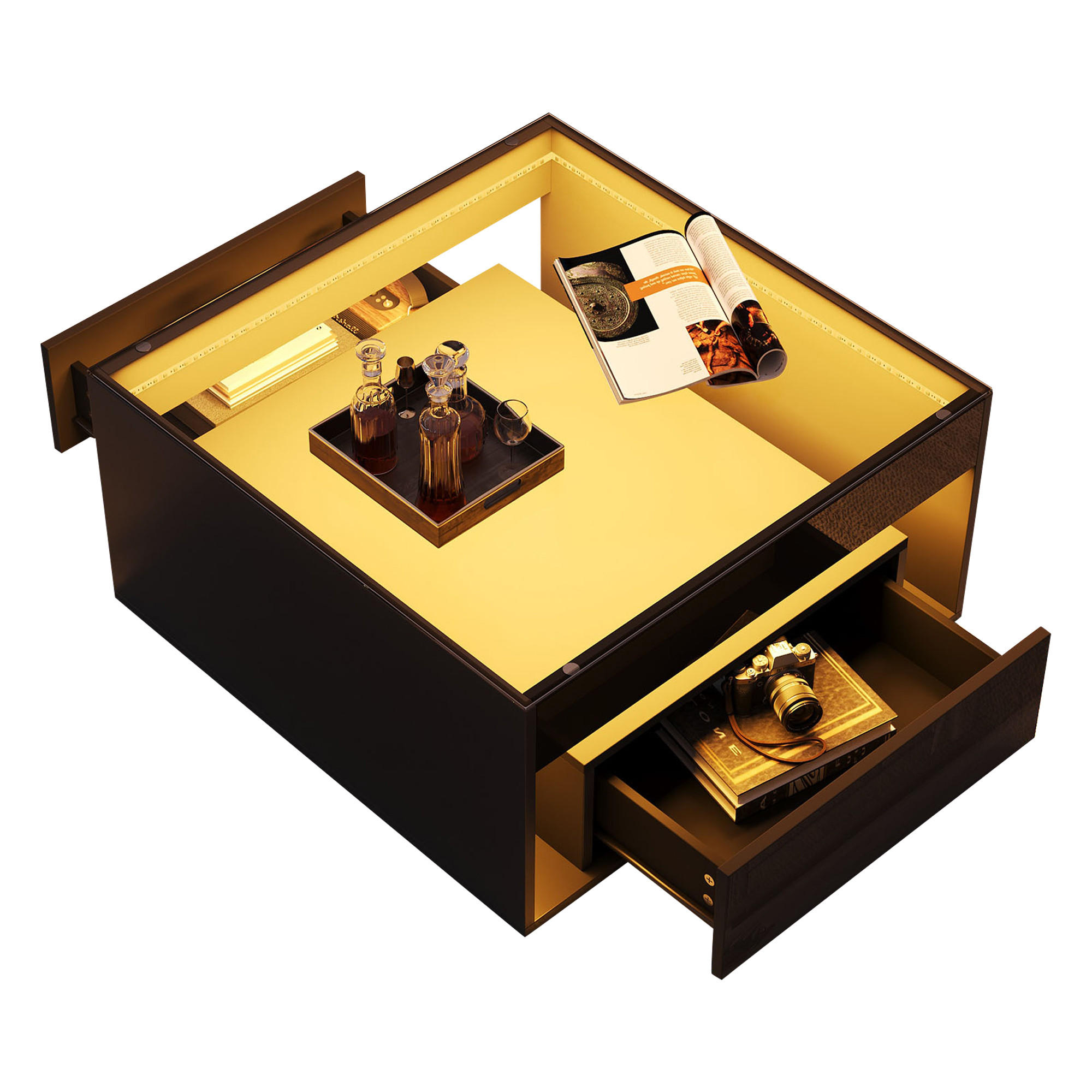 COUCHTISCH 70/70/35 cm Glasplatte LED Schubladen MDF Hochglanz Schwarz modern kompakt - Schwarz, Glas/Holzwerkstoff (70/70/35cm) - EVRYAE