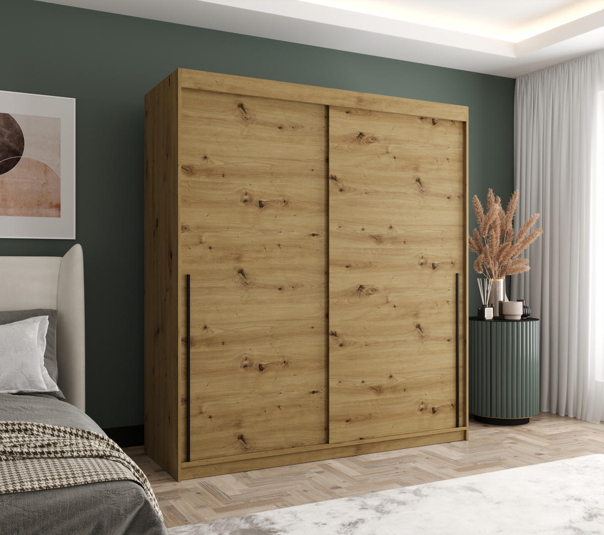 SCHWEBETÜRENSCHRANK 180 cm Breite Artisan mit schwarzem Griff - Schwarz/Eiche Artisan, Holzwerkstoff (180/200/62cm) - Home Collective
