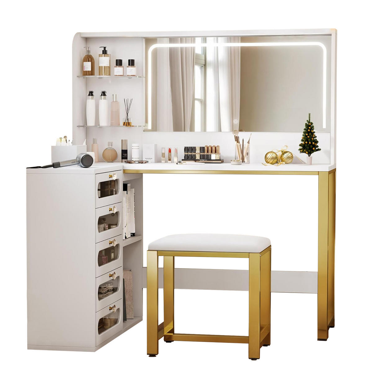 SCHMINKTISCH mit LED, 5 Schubladen, Spiegel, MDF, L-förmiger, 120x80x135 cm, Weiß - Weiß, Holz (120/135/80cm) - EuroLiving