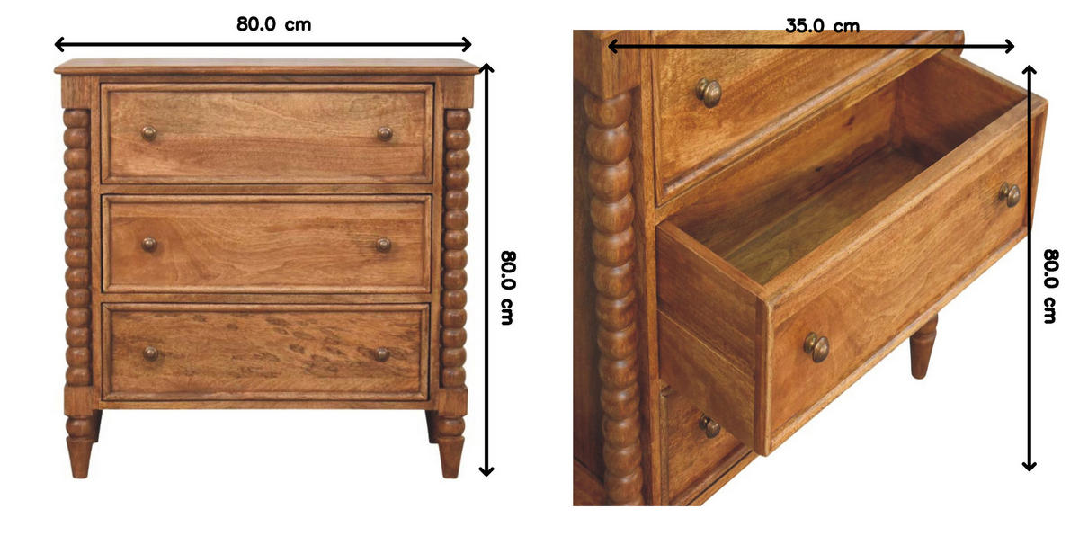 KOMMODE Spindel, 3 Schubladen, Hellbraun - Hellbraun/Messingfarben, Holz/Metall (80/80/35cm) - Artisan Furniture