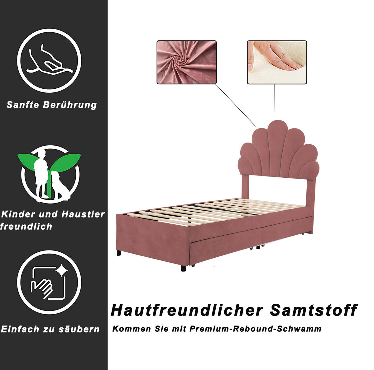 POLSTERBETT 90/200 cm Rosa aus Samt mit 2 Schubladen - Dunkelrosa, Textil (90/200cm) - OKMYHOME