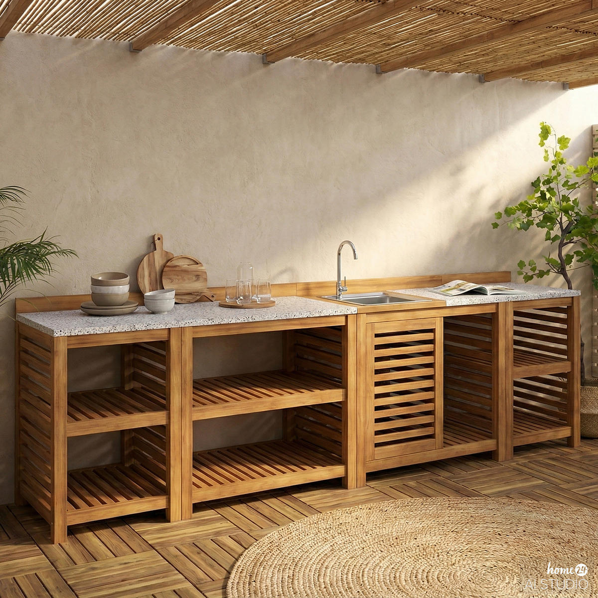 GARTENKÜCHENREGAL - Akazie massiv - Beige - Beige, Holz (90/86/52cm) - home24