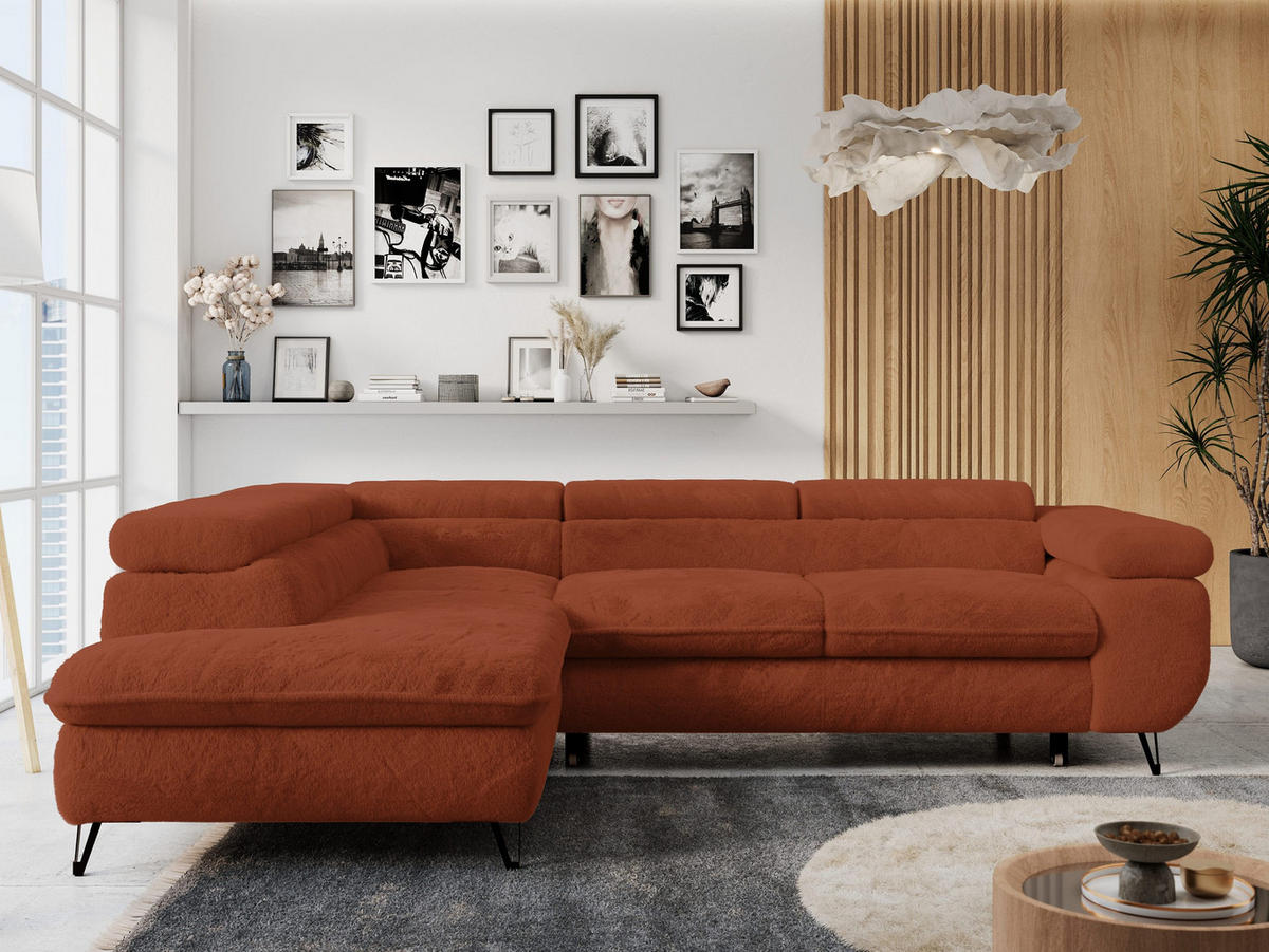ECKSOFA PETER L Orange Plüsch - Links Seite - Schwarz/Orange, Textil/Metall (208/273cm) - MKS