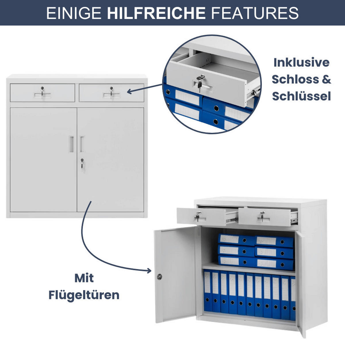 METALLSCHRANK klein VERSI mit Schubladen Flügeltüren 90x90x40cm Grau - Grau, Metall (90/90/40cm) - DELUKE