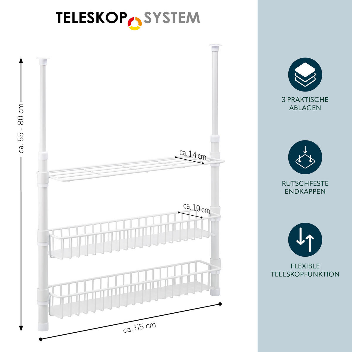 TELESKOP-GEWÜRZREGAL, weiß, Metall - Weiß, Metall (55/80/14cm) - bremermann
