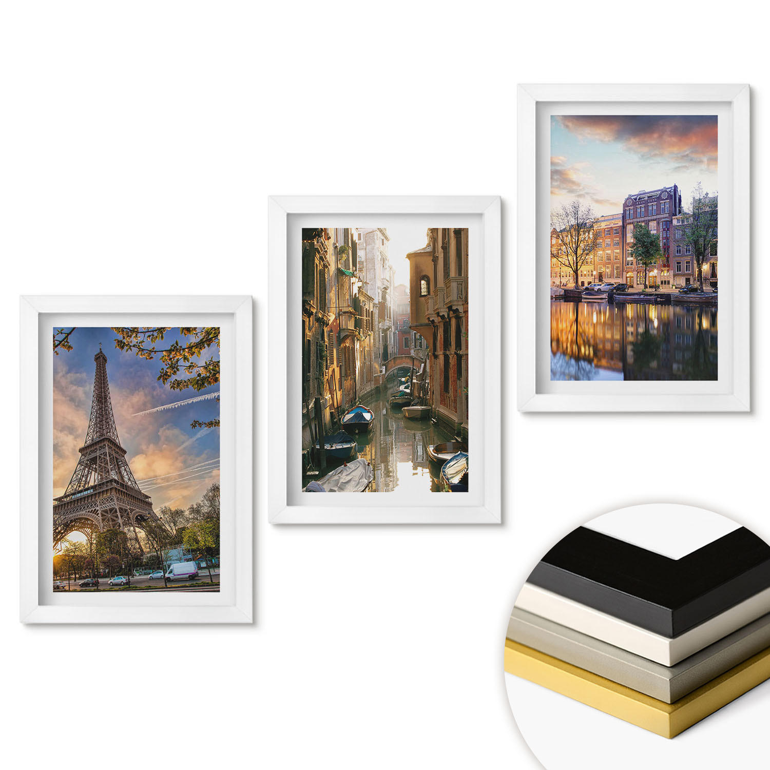 WANDBILDER 3er-Set - 20x30 cm Weißer Rahmen - Eiffelturm Venedig Amsterdamer Kanäle - Weiß, Kunststoff (20/30cm) - ArtPrintCave
