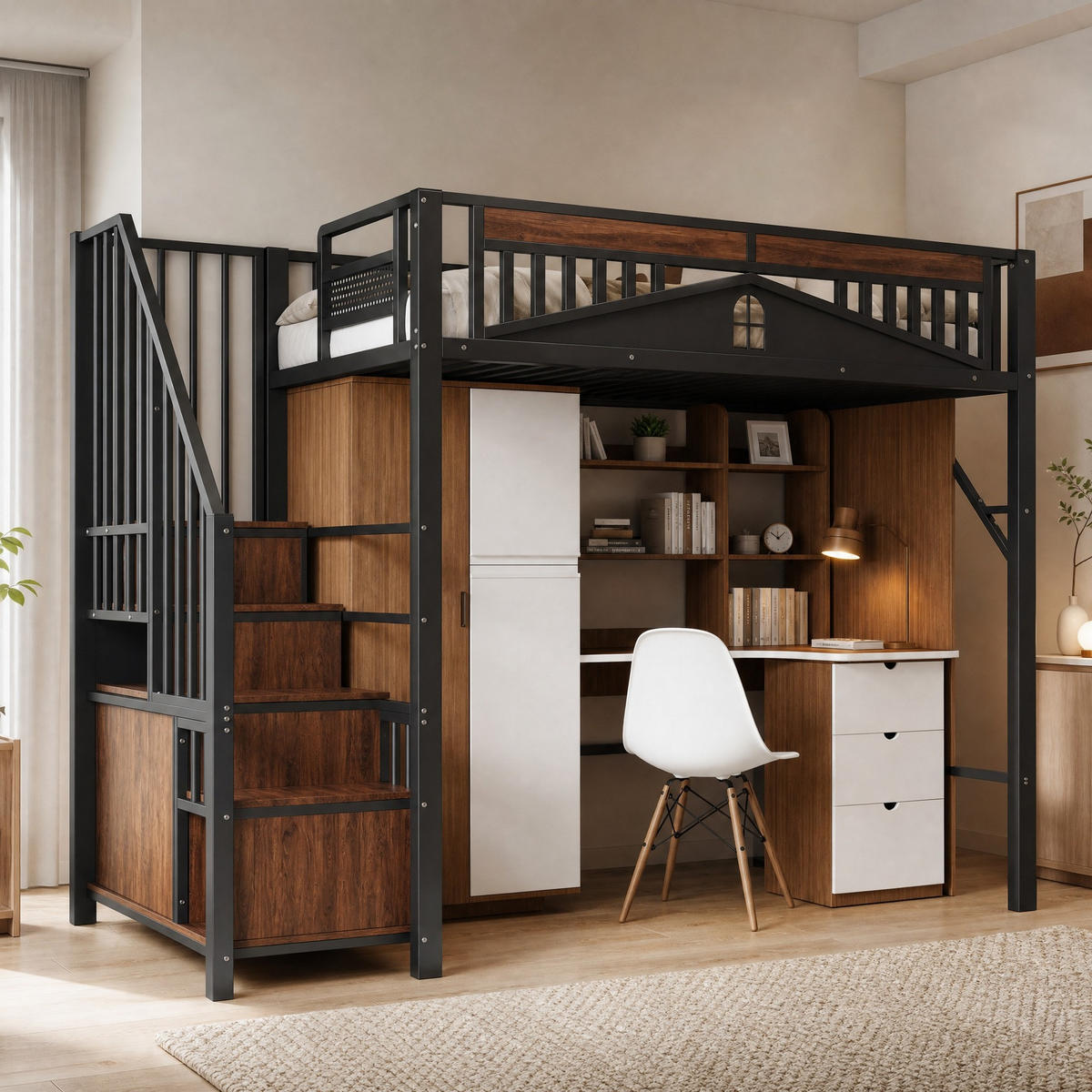 HOCHBETT 90/200 mit Sicherheitszaun, Stauraumtreppe und Schrank in Schwarz - Schwarz, Holz/Metall (90/200cm) - EVRYAE
