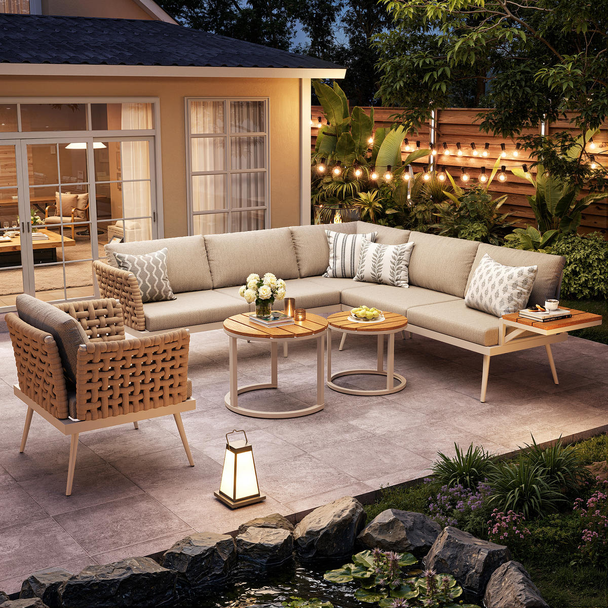 GARTENLOUNGE-SET L-förmiges Gartenmöbel-Set mit handgeflochtenen Armlehnen Polstern - Beige/Naturfarben, Textil/Metall - STILVORA