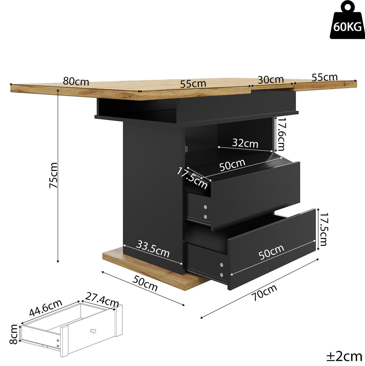 ESSTISCH 110-140/80/75 cm in Schwarz/Natur aus MDF mit Stauraum - Schwarz, Holzwerkstoff (110/80/75cm) - Flora Grace