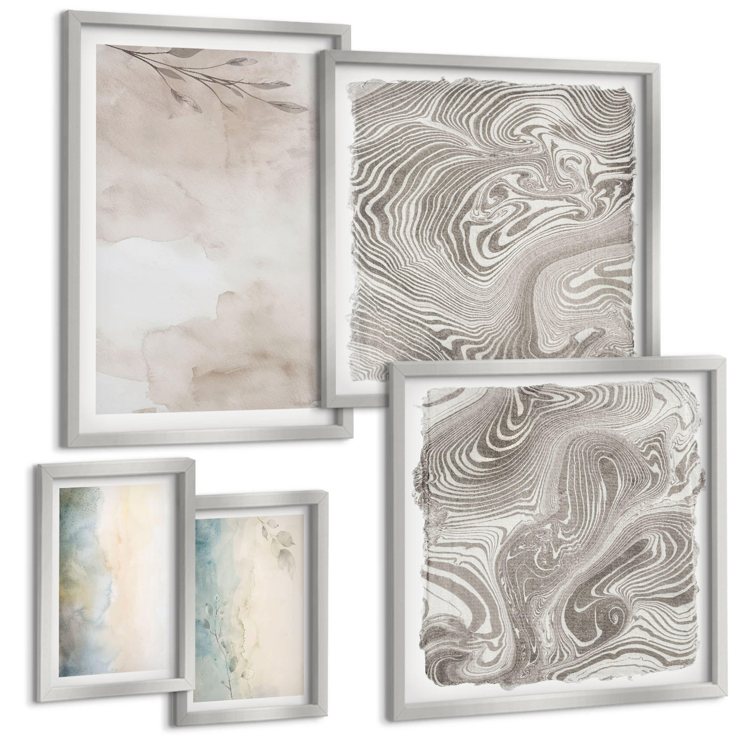 BILDER SET 5er Set - 50x50 cm & 20x30 cm & 40x60 cm Silberner Rahmen - Zarte Aquarellkartons - Silberfarben, Kunststoff (40/60cm) - TULUP