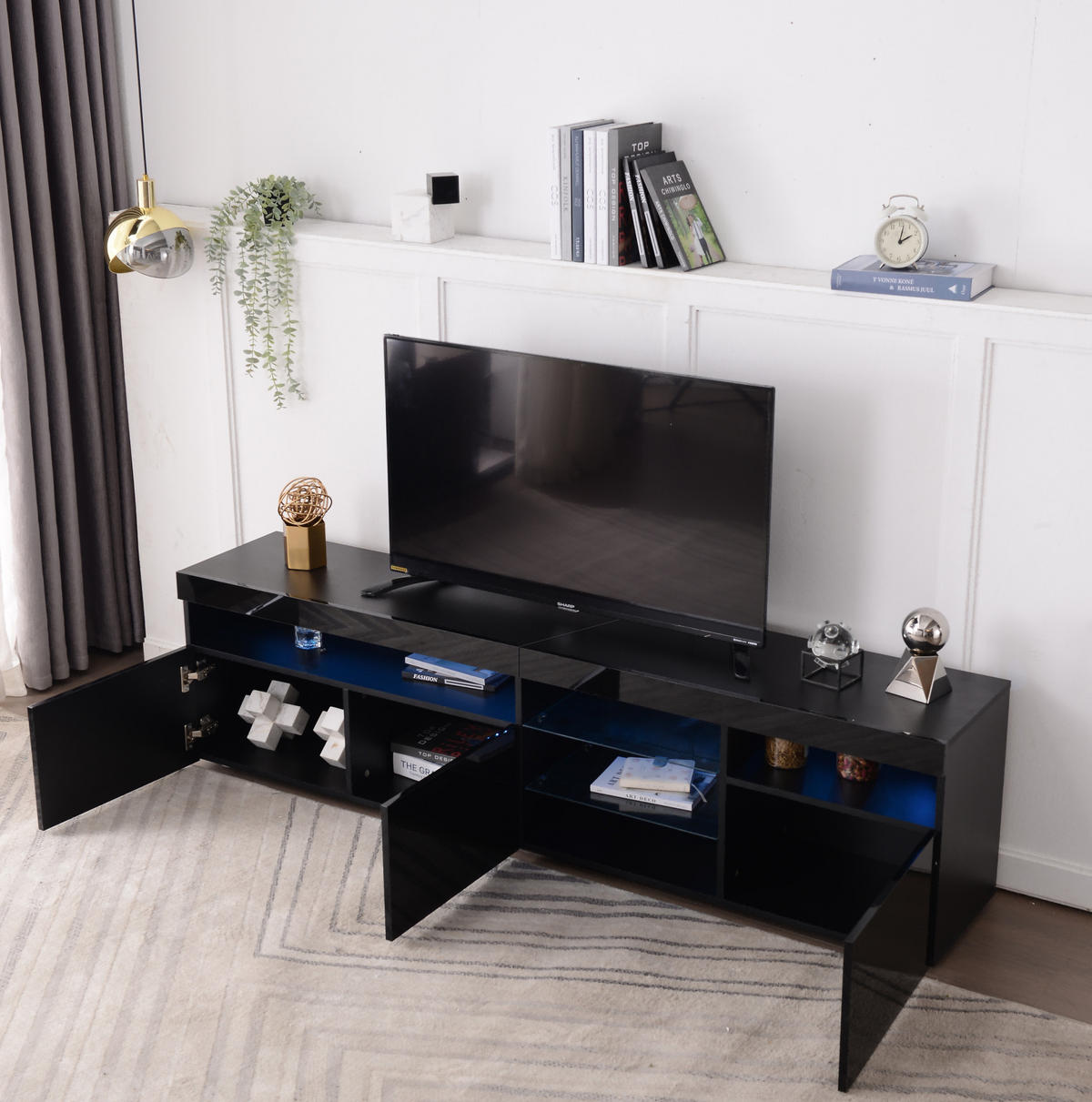 LOWBOARD 180/48/35 cm aus MDF mit Glaslaminat und variabler LED-Beleuchtung Schwarz - Schwarz, Holzwerkstoff (180/48/35cm) - Modenvie