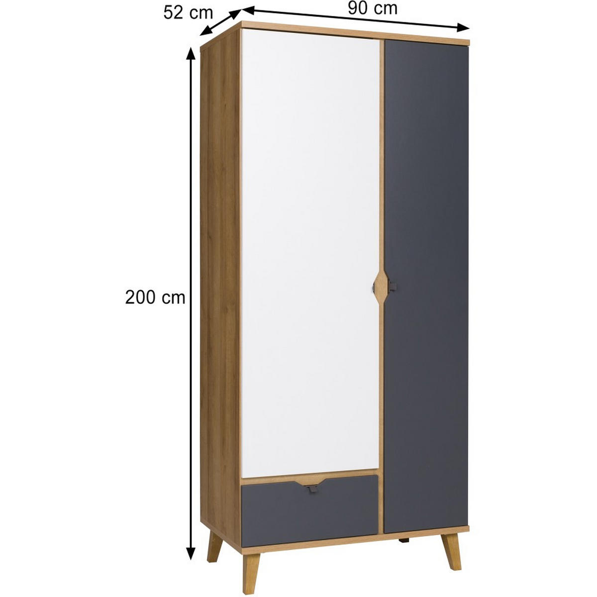 DREHTÜRENSCHRANK Moreno mit 2 Türen und 1 Schublade, Eiche gold/mattweiß/graphit - Eichefarben/Graphitfarben, Holzwerkstoff/Kunststoff (90/200/52cm) - Beautysofa