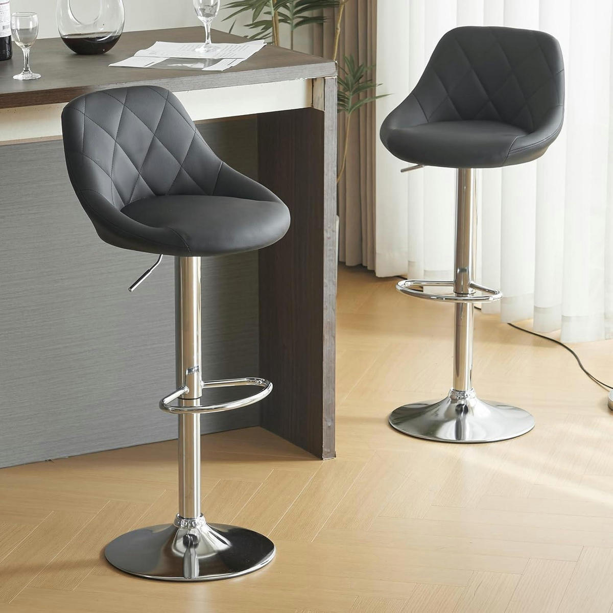 BARHOCKER 2er Set höhenverstellbar, drehbar, mit Rückenlehne aus PU in Schwarz - Schwarz, Kunststoff (40/83/40cm)