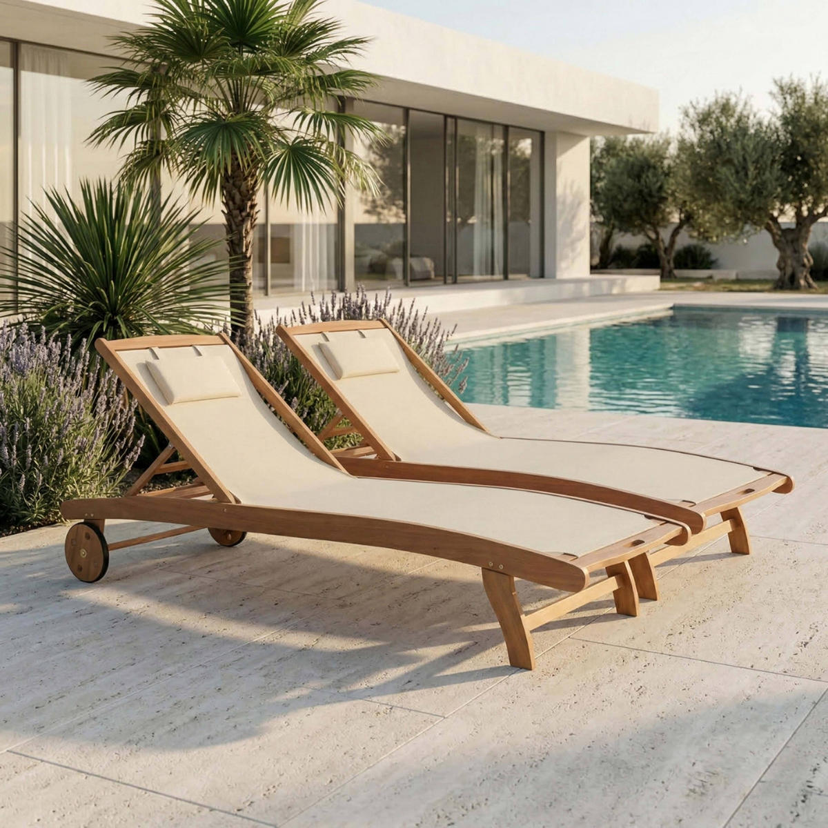 SONNENLIEGE 2-tlg., Weiß - Beige, Holz (69/37/196cm) - Oviala