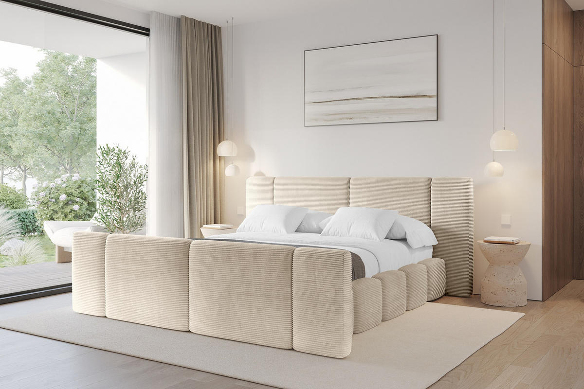 POLSTERBETT mit Bettkasten, Fußteil und Lattenrost, Bett mit Matratze H3/H4 - NILO-Z 200x200 Beige - Creme, Holzwerkstoff/Textil (200/200cm) - ALTDECOR
