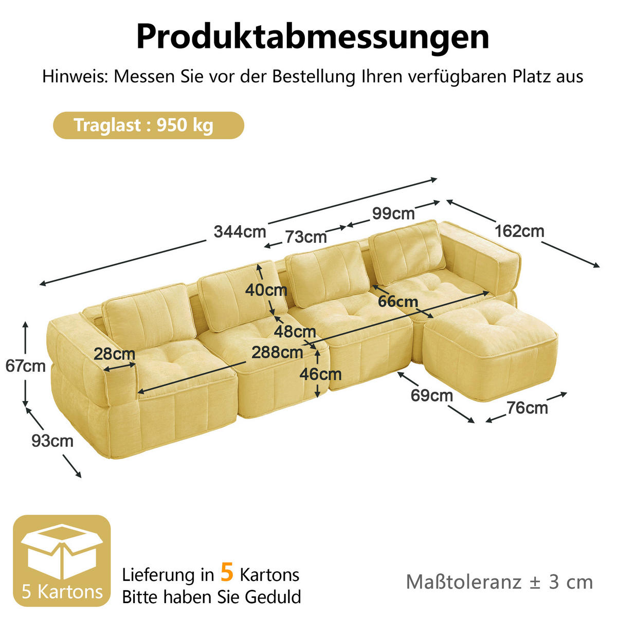 ECKSOFA 344/162/67 cm Gelb mit 1 Fußhocker - Gelb, Textil (344/162cm) - Oxeza