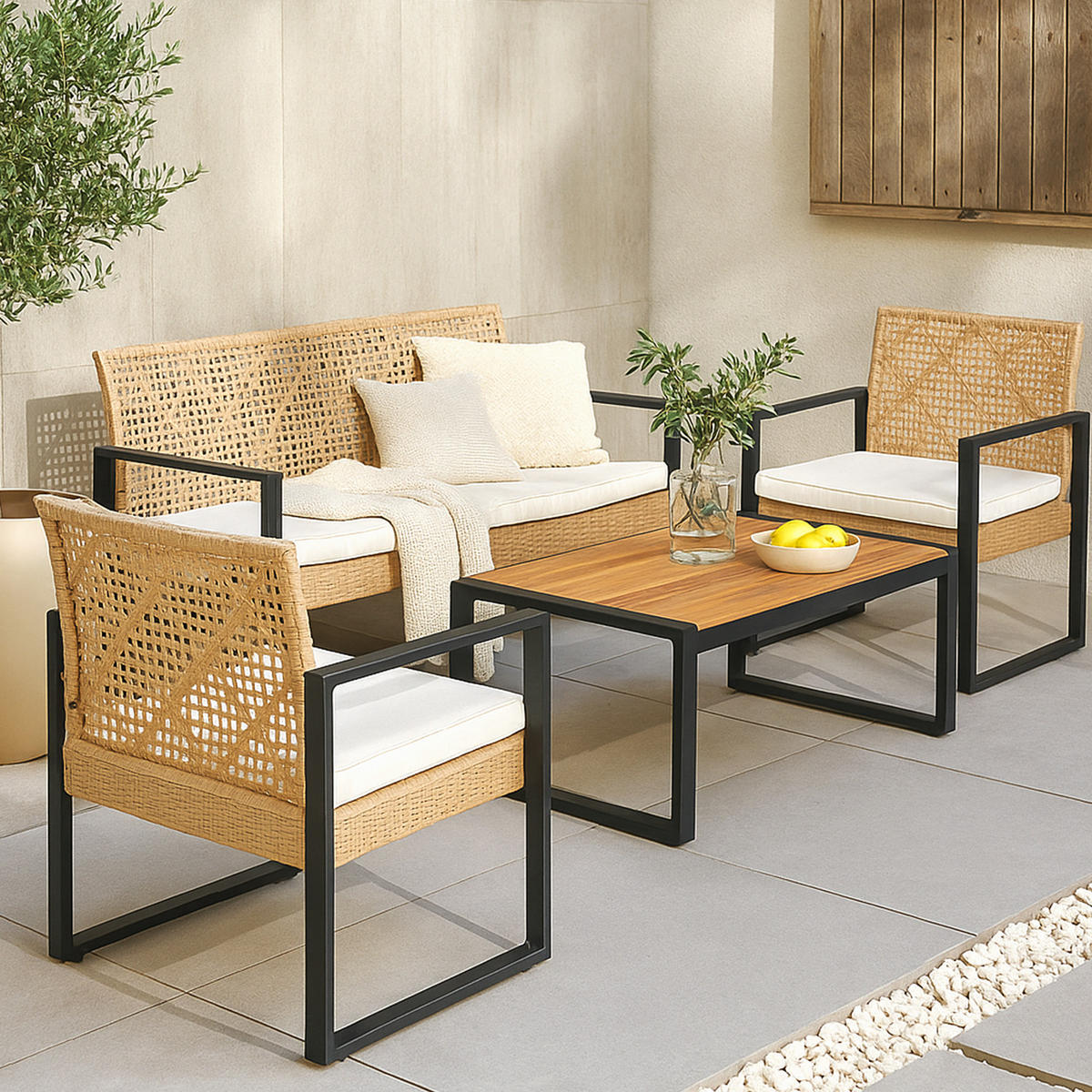 LOUNGE-SET 4 TLG. Calciano - Beige/Naturfarben, Kunststoff/Metall - casa.pro