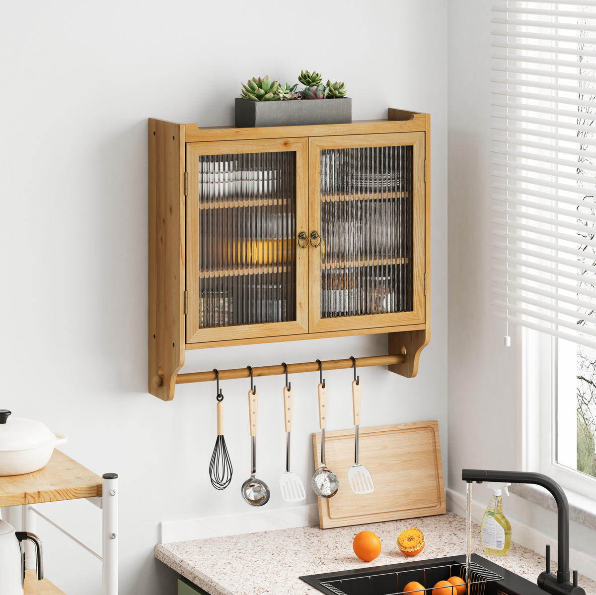 KÜCHENOBERSCHRANK 63x18x60 cm in Natural aus Glas, Massivholz mit Drei-Stufen-Stauraum & Wandmontage - Naturfarben, Holzwerkstoff (63/60/18cm) - Modfu