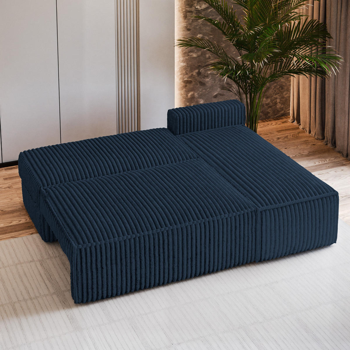 ECKSOFA BRISO T Blau Kordstoff mit Schlaffunktion - Blau, Holz (200/140cm) - MASSENO