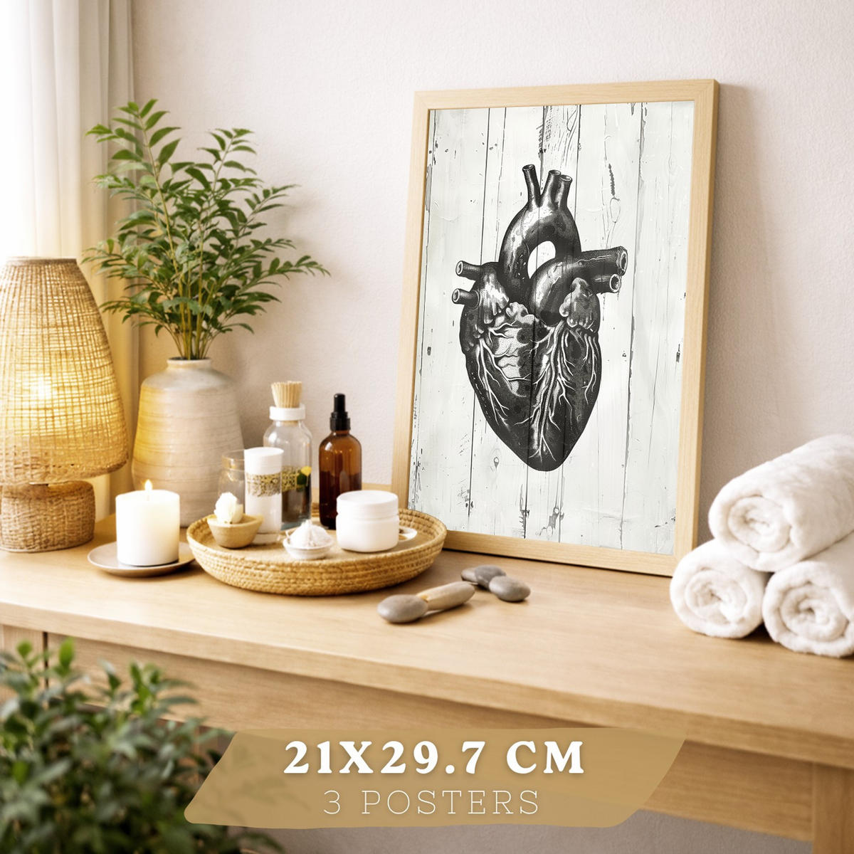 POSTER Set aus 3 Anatomie Mensch Drucke und Wandbilder mit Gehirn Herz Lungen Luftröhre Bronchien Industrielles Schwarz Weiß Design Größe Rahmenlos A4 - Klar, Papier (21/29.7/3cm) - Nacnic