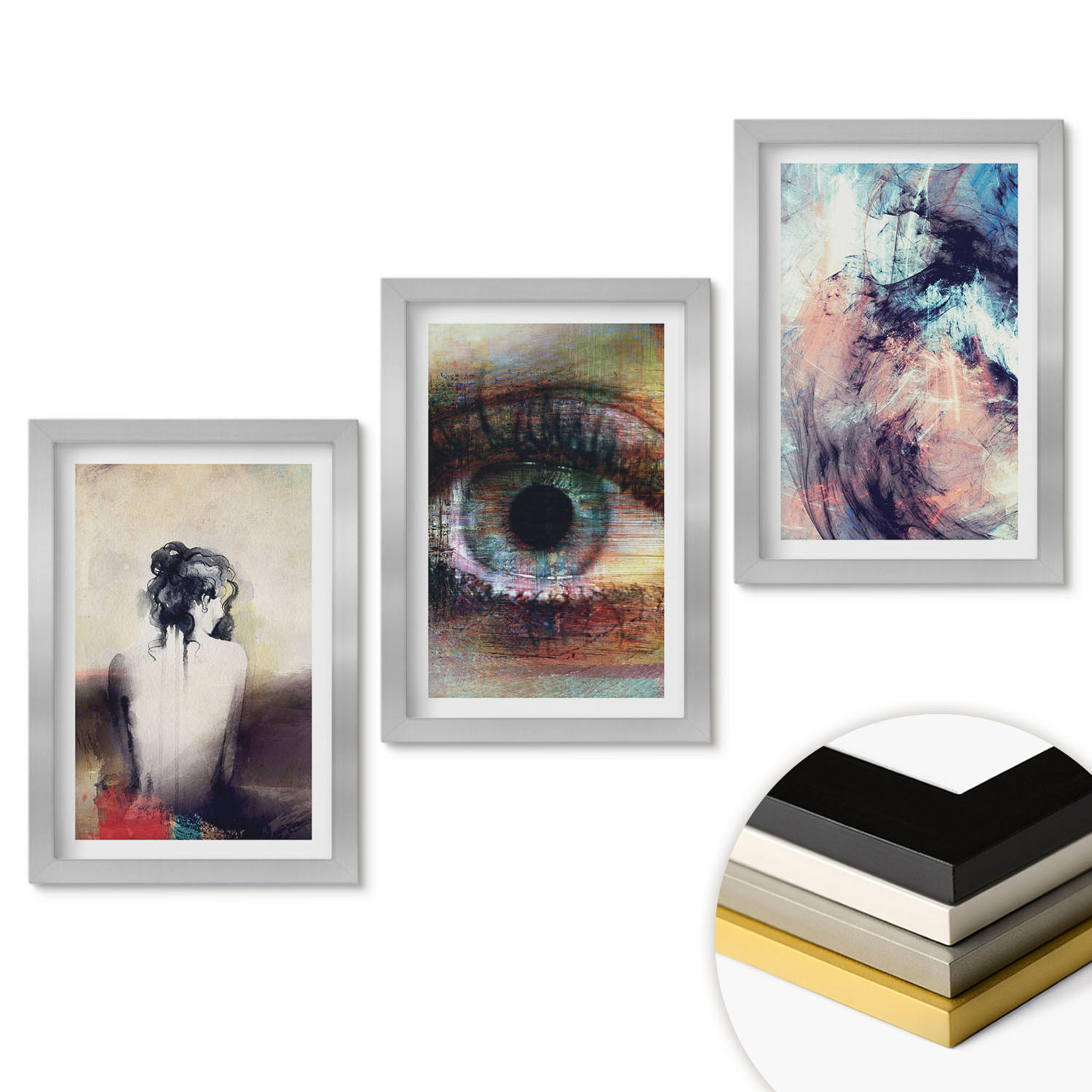 WANDBILDER 3er Set - 20x30 cm Silberner Rahmen - Porträt einer Frau mit abstrakten Emotionen - Silberfarben, Kunststoff (20/30cm) - ArtPrintCave