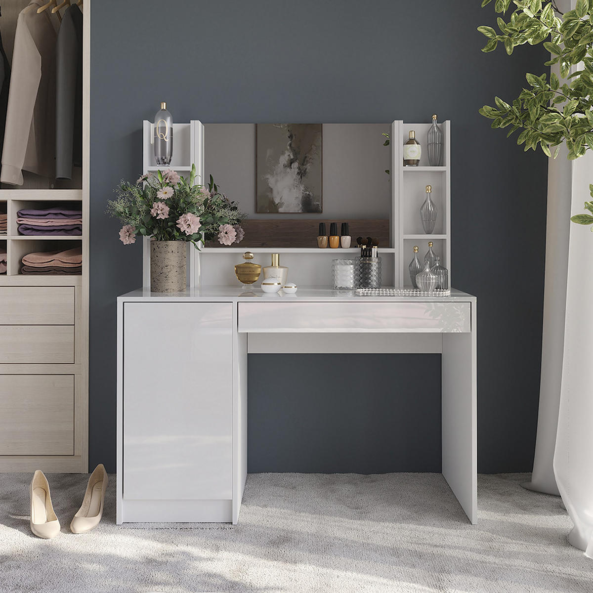 SCHMINKTISCH Sherry Weiß/Weiß Hochglanz 119.8 cm 4 Teile - Weiß Hochglanz, Holzwerkstoff (119.8/76/50.1cm) - Vicco