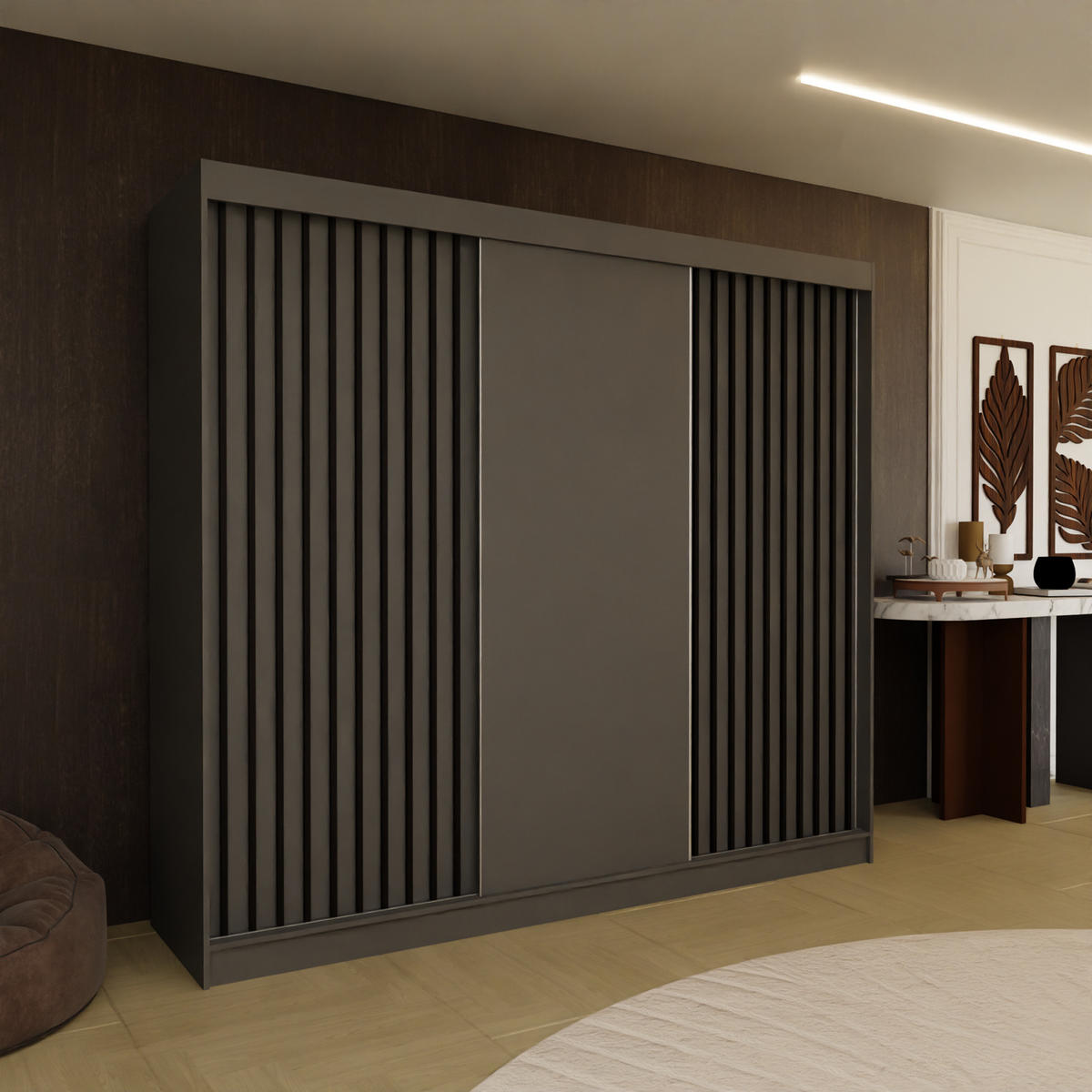 SCHWEBETÜRENSCHRANK Cabinio Grau Schwarz 240/216/61 cm – Modern, mit Lamellen - Schwarz/Grau, Holzwerkstoff/Kunststoff (240/216.1/61cm) - AX Living